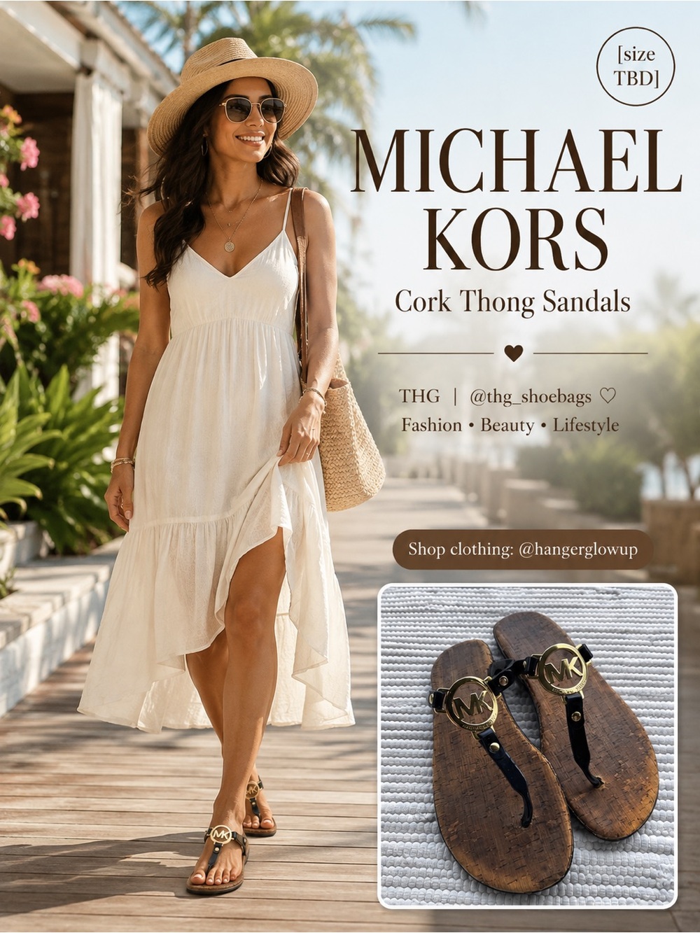 Michael Kors Cork Thong Sandals Size 9 Black Patent Gold MK Logo